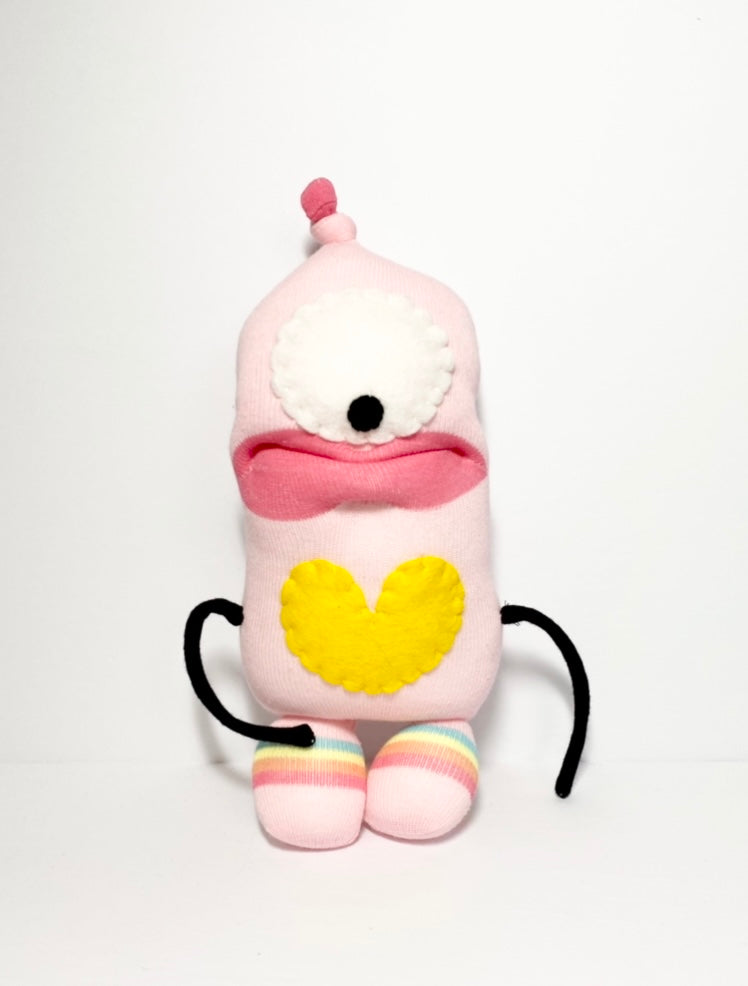 Handmade Stuf'd Sock Monster Pink with Yellow Heart